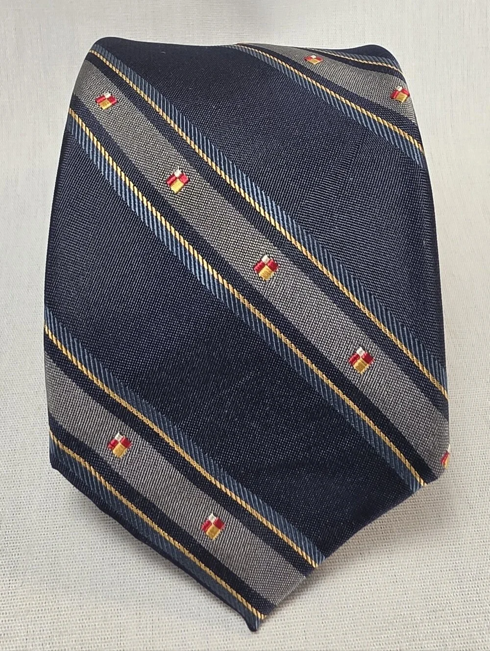Mens Vintage Navy Striped Tie with Gray Bands and Red Accent